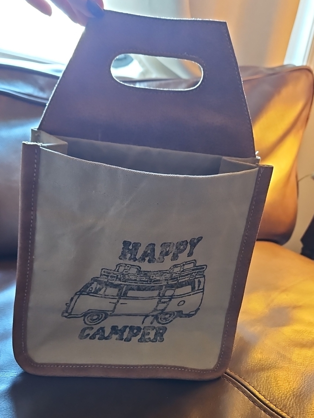 Clea Ray Upcycled Canvas "Happy Camper" Six Beer Bottle & Can Carrier Bag